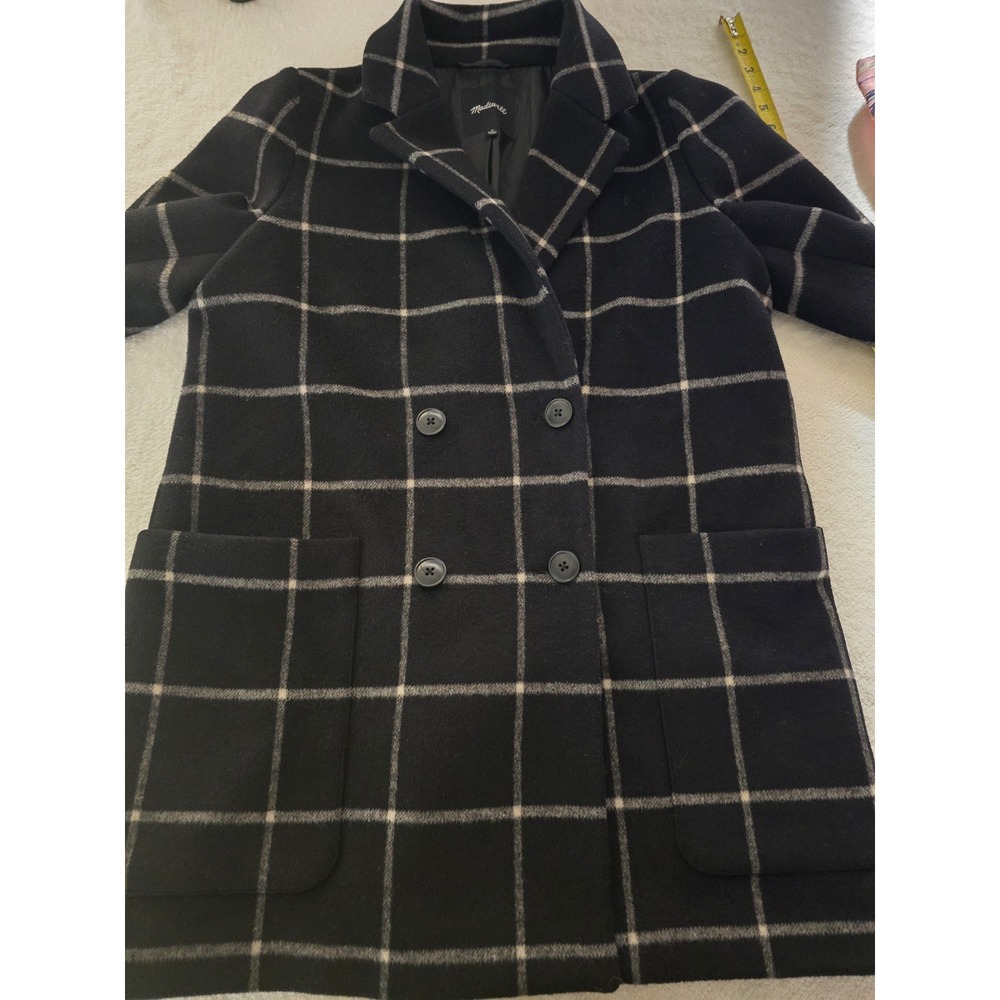 Madewell Women's Plaid Wool Blend Double Breasted Coat Size M Black Gray‎ Chec